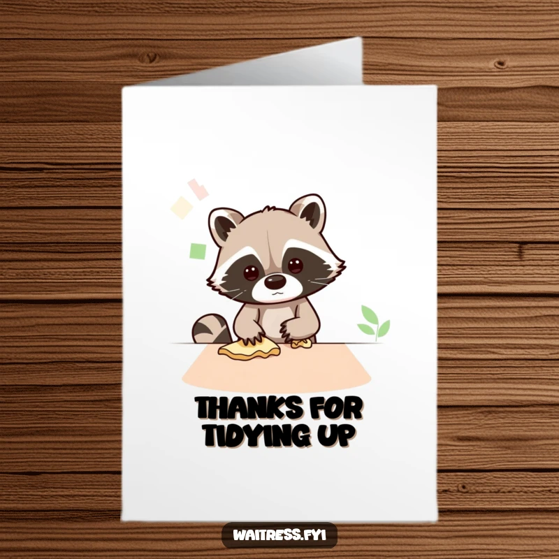 Funny Free Printable Thank You Card: Busy Kawaii raccoon wiping a table, offering a clean thank you.