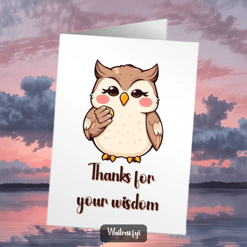 Free Printable Thank You Card: Cheeky Kawaii owl holding a bill with a knowing wink, saying thanks.