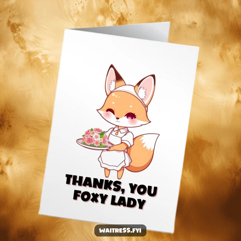 Cute Free Printable Thank You Card: Fox waitress gracefully presenting a flower-decorated dish, offering thanks with poise.