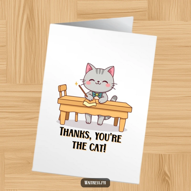 Funny free printable grey cat with bow tie neatly wiping a table, perfect for thank you.