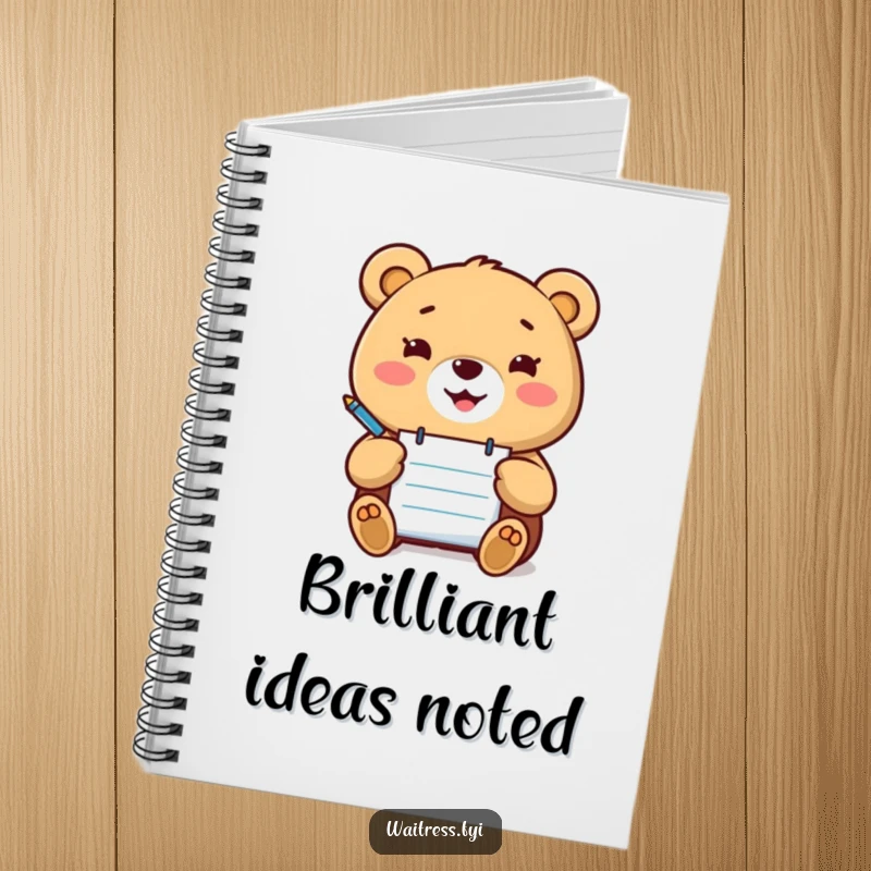 Funny Kawaii bear notebook with a happy bear holding a notepad and pen, ready to take orders, for writing.