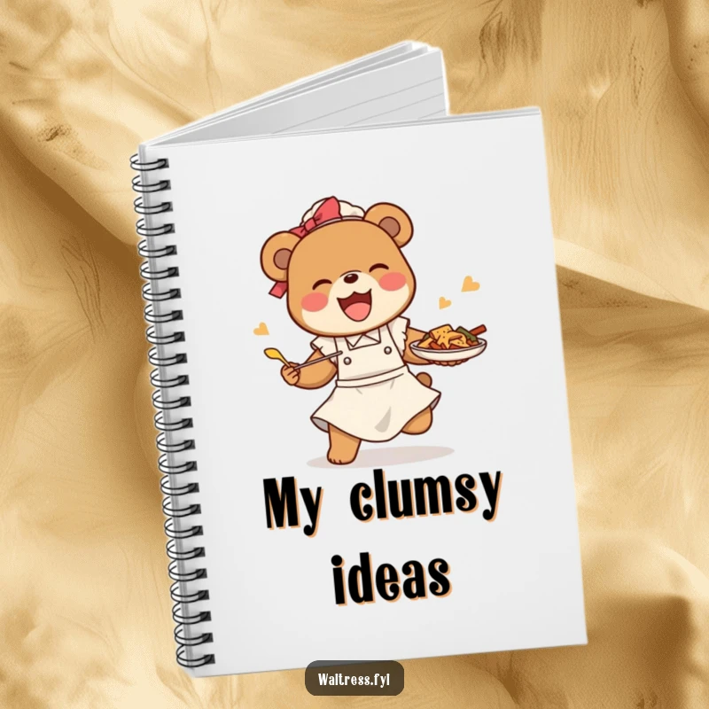 Funny bear waitress notebook with a happy bear tripping but saving food, perfect for journaling with comic relief.
