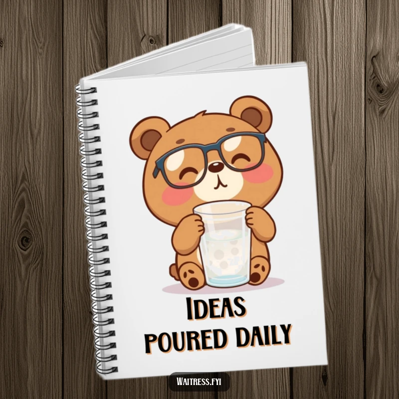 Funny brown bear with glasses refills a water glass, inspiring hydration and ideas in this notebook.