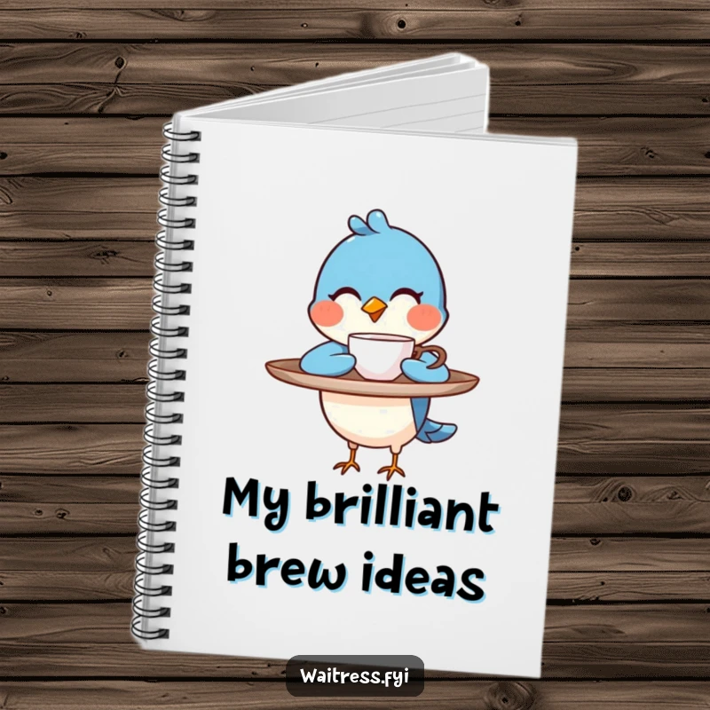 Funny blue bird character balancing a tray, winking as it presents a steaming cup on a notebook, a funny stationery gift.