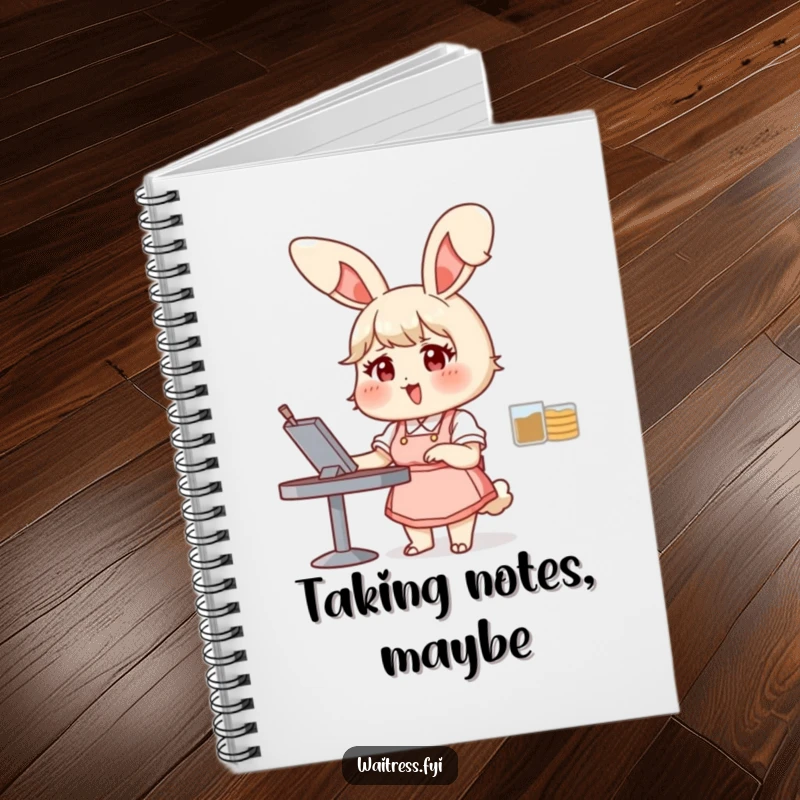 Funny bunny waitress notebook featuring a chubby bunny taking an order with glee, perfect for journaling and as a humorous funny gift.