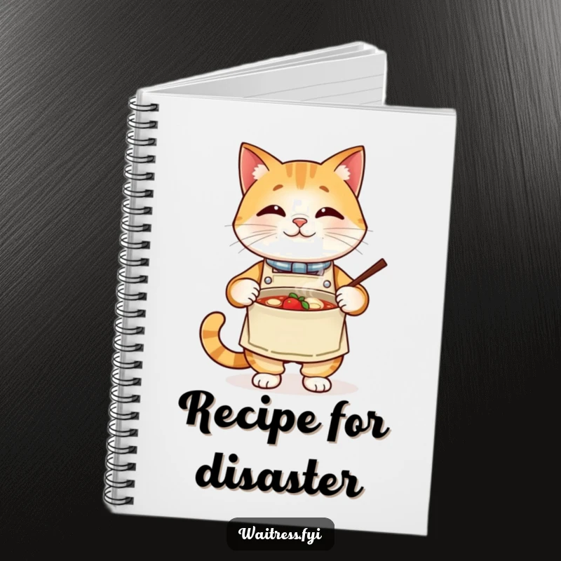 Funny cat chef notebook, a proud cat wearing an apron presents a steaming bowl. Ideal for recipes and notes with humor.