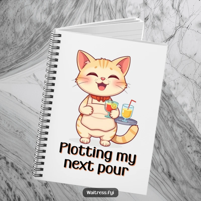 Funny Cat Waiter Notebook featuring a happy cat in an apron, balancing a tray of drinks.