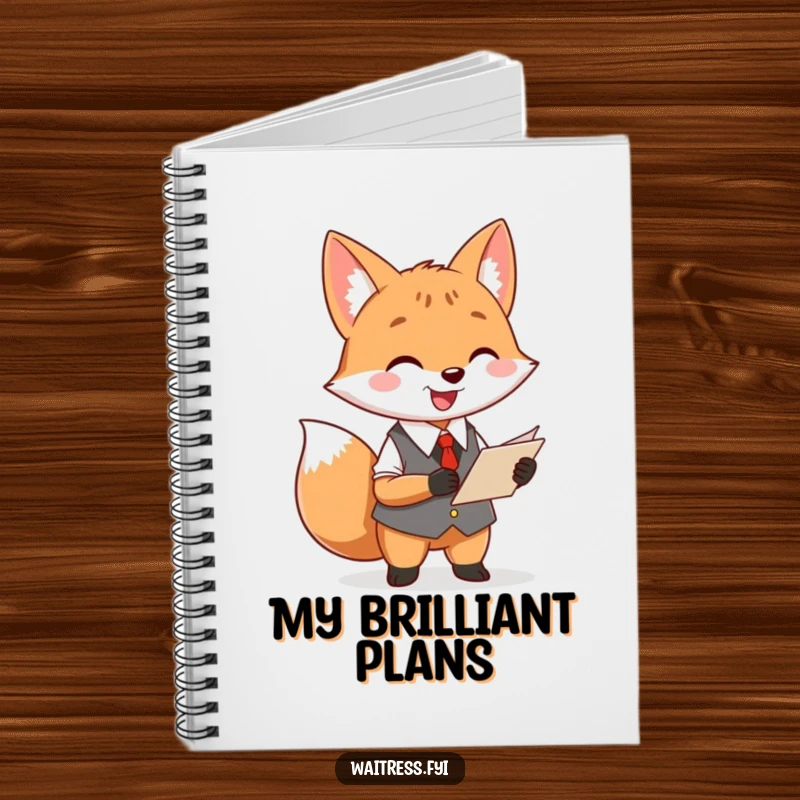 Funny fox waiter notebook with a cheerful fox taking an order, perfect for journaling with restaurant flair.