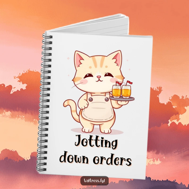 Funny kawaii cat notebook featuring a cute cat balancing drinks, perfect for journaling and as a humorous funny gift.
