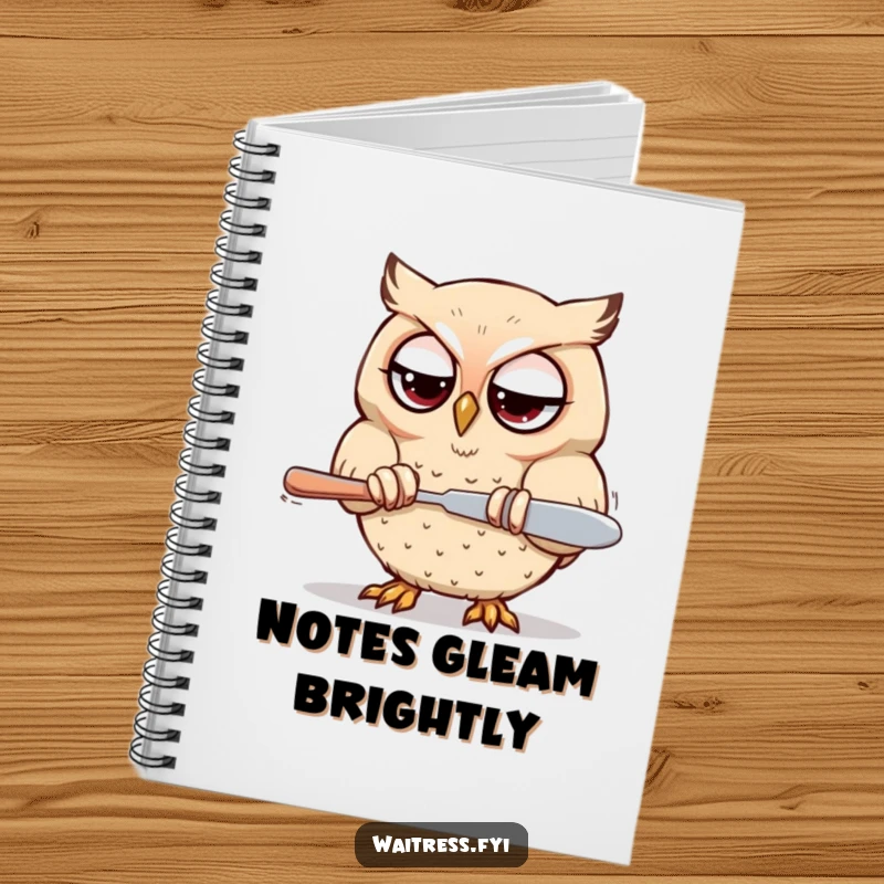 Funny Kawaii owl notebook with a determined owl polishing silverware with focused eyes, for writing and organizing.
