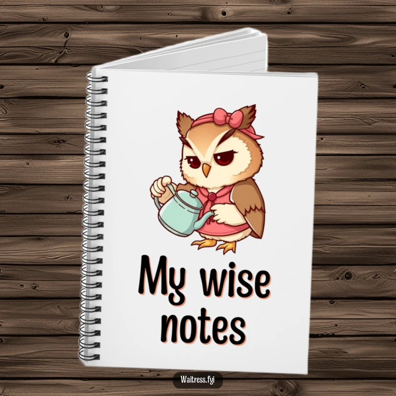 Funny Owl Waitress Notebook with a determined owl pouring tea, great for notes and as a funny gift.
