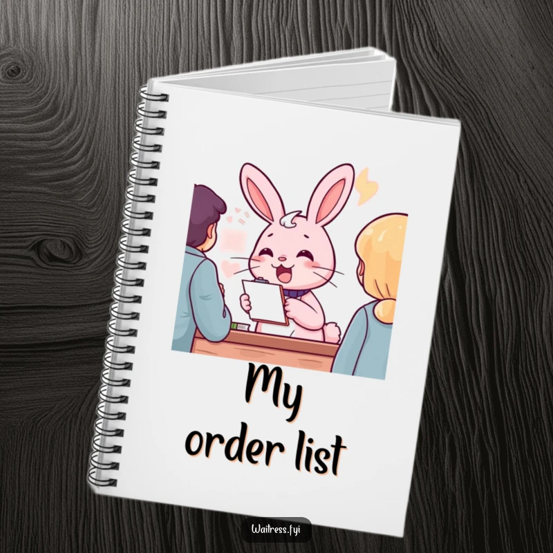 Funny pink rabbit character with a notepad, cheerfully taking an order, on a notebook, a funny stationery gift.