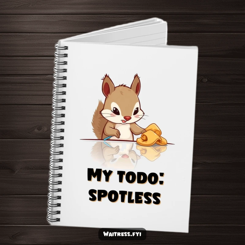 Funny squirrel cleaning notebook with a determined squirrel wiping a table, perfect for humorous note-taking.