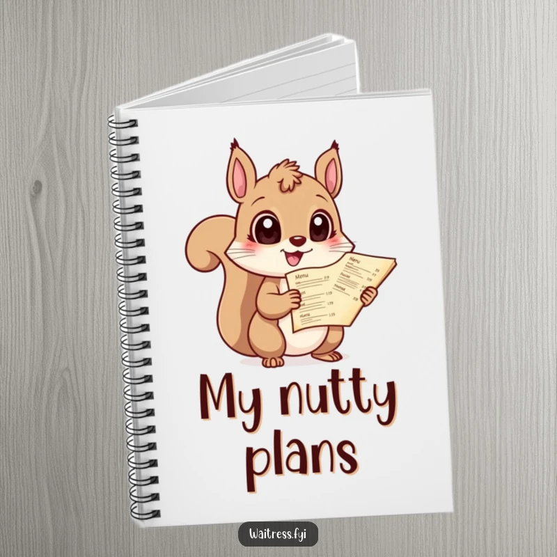 Funny notebook cover with a giggling squirrel holding a menu with large eyes, perfect for notes and ideas.