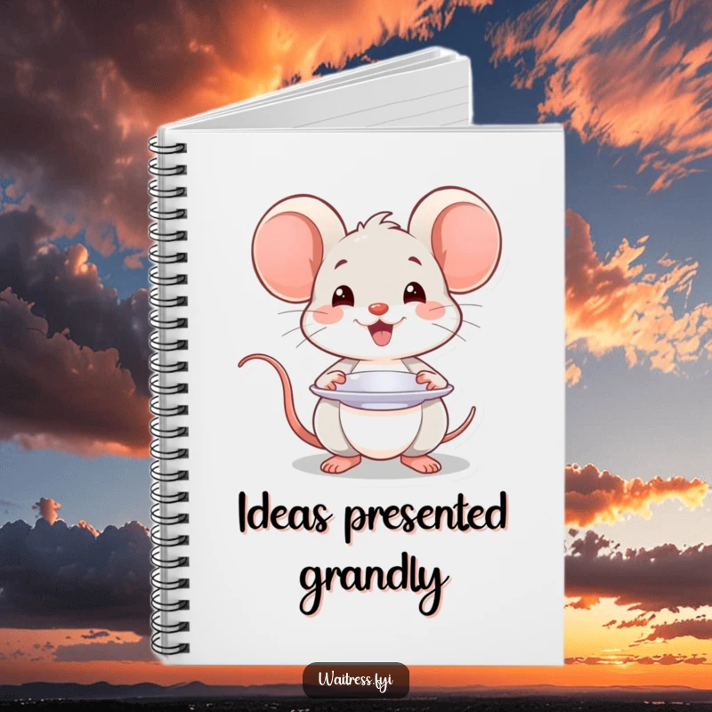 Funny Kawaii mouse notebook with a smiling mouse presenting a plate with a flourish, for writing and ideas.