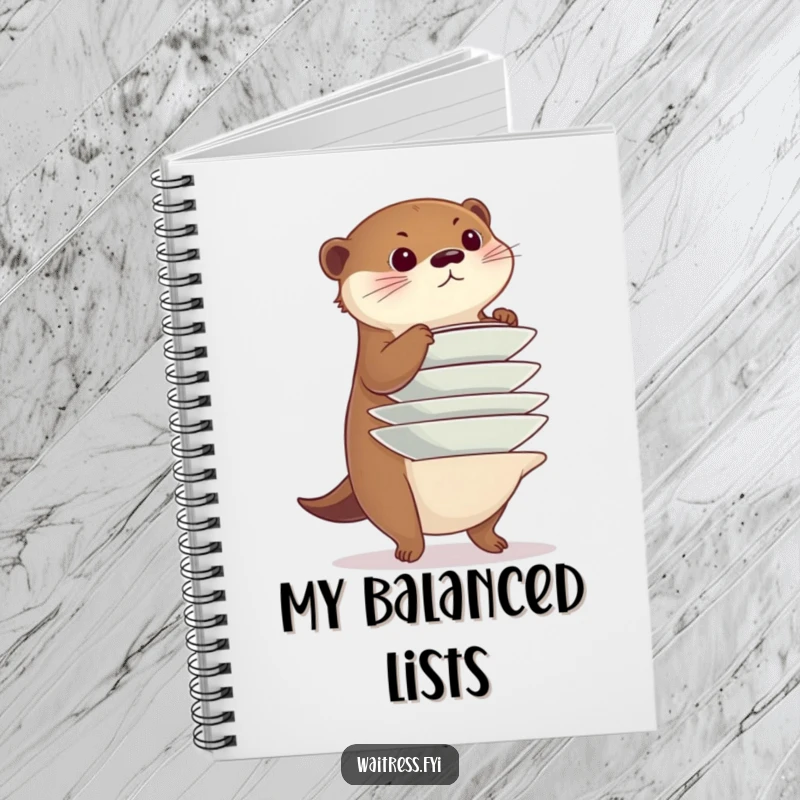 Funny otter notebook, a diligent otter balancing a stack of plates precariously, ideal for journaling plans and managing tasks.