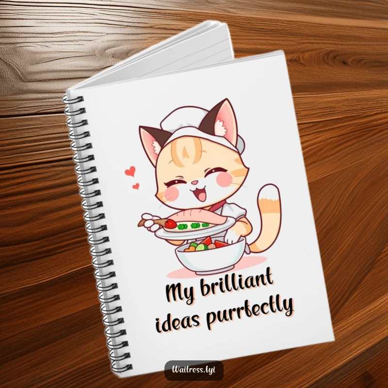 Funny cat waitress notebook, winking delightfully while holding a fish dish, perfect for jotting down humorous notes.