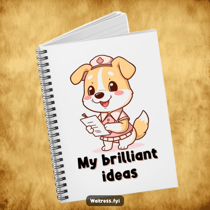 Funny Dog Waitress Notebook featuring a happy dog in a uniform, holding a notepad to write down orders.