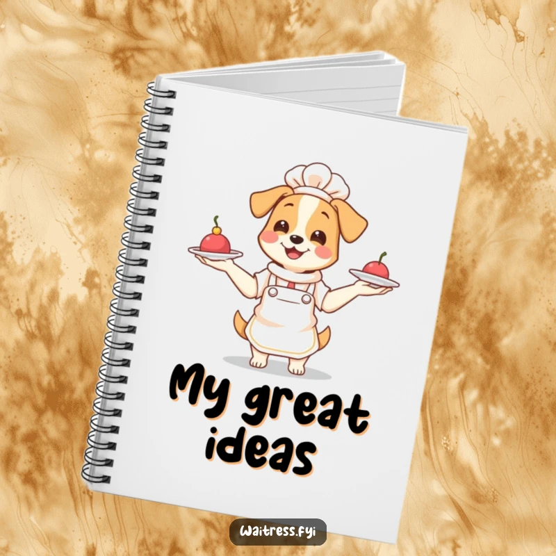 Funny Dog Waitress Notebook: Smiling dog waitress juggling plates, ideal for notes and humorous journaling.