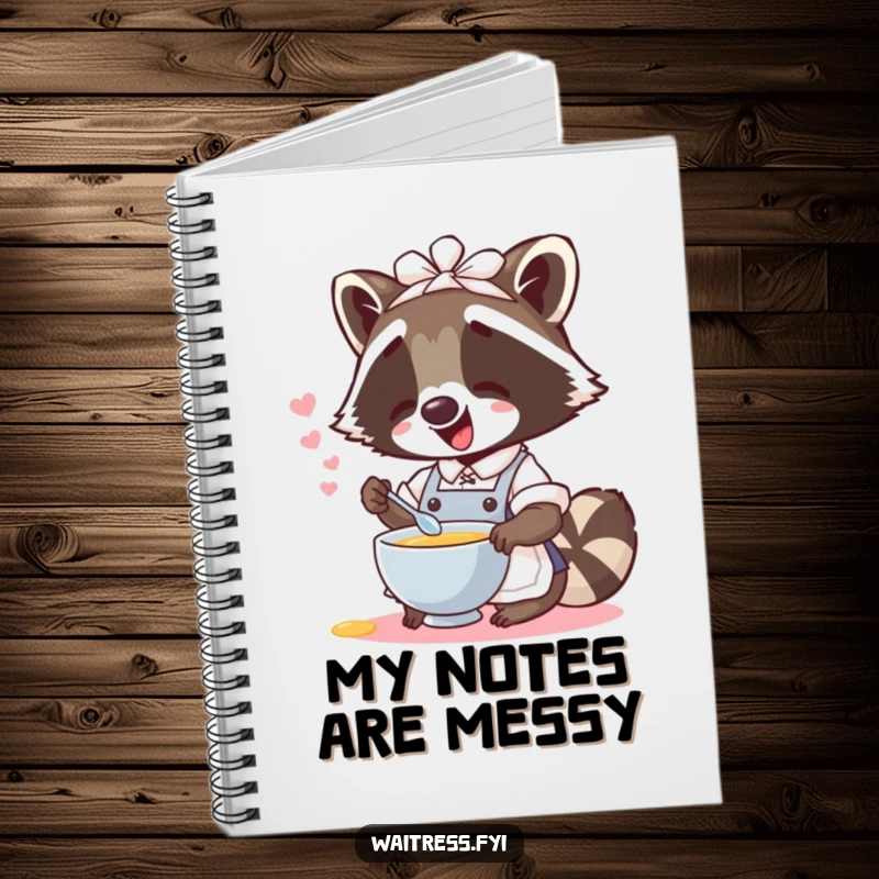 Lined funny raccoon waitress notebook with a giggling raccoon spilling imaginary soup on the cover, great for journaling.