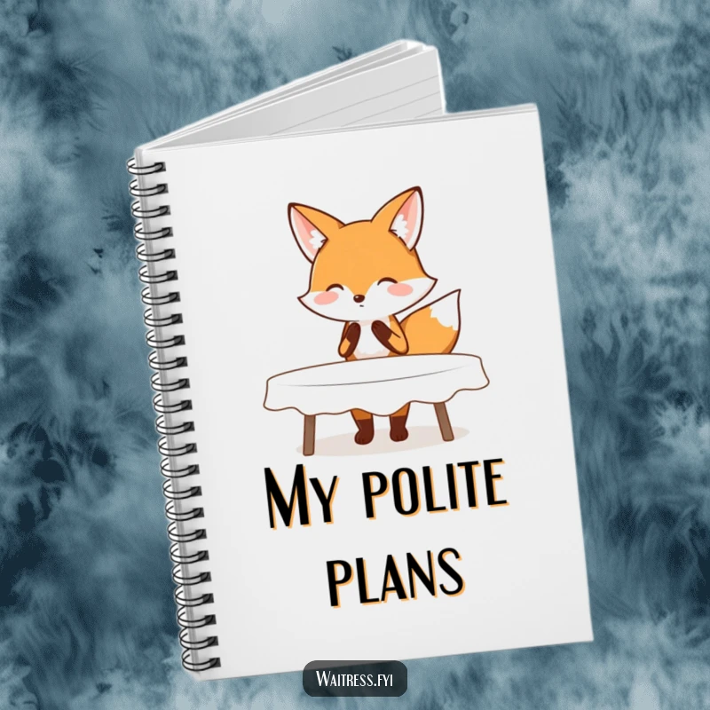 Funny notebook cover showing a blushing fox performing a polite curtsy while clearing a table, perfect for notes and planning.