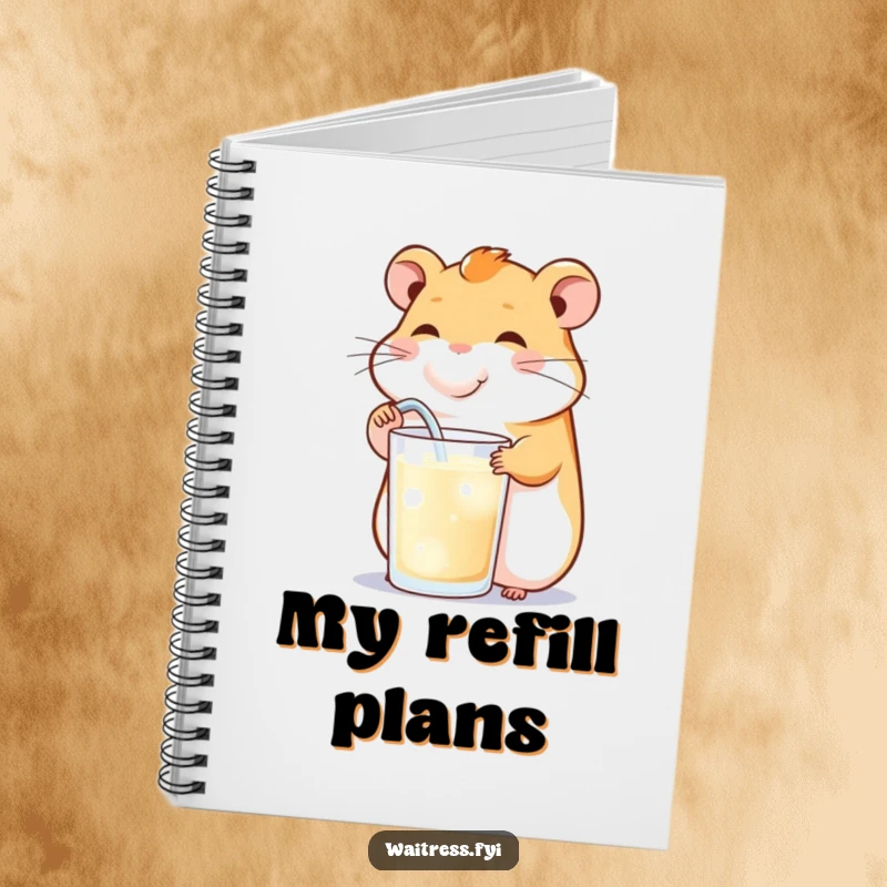 Funny notebook cover showing a happy hamster cheekily refilling a drink, perfect for notes and creative writing.