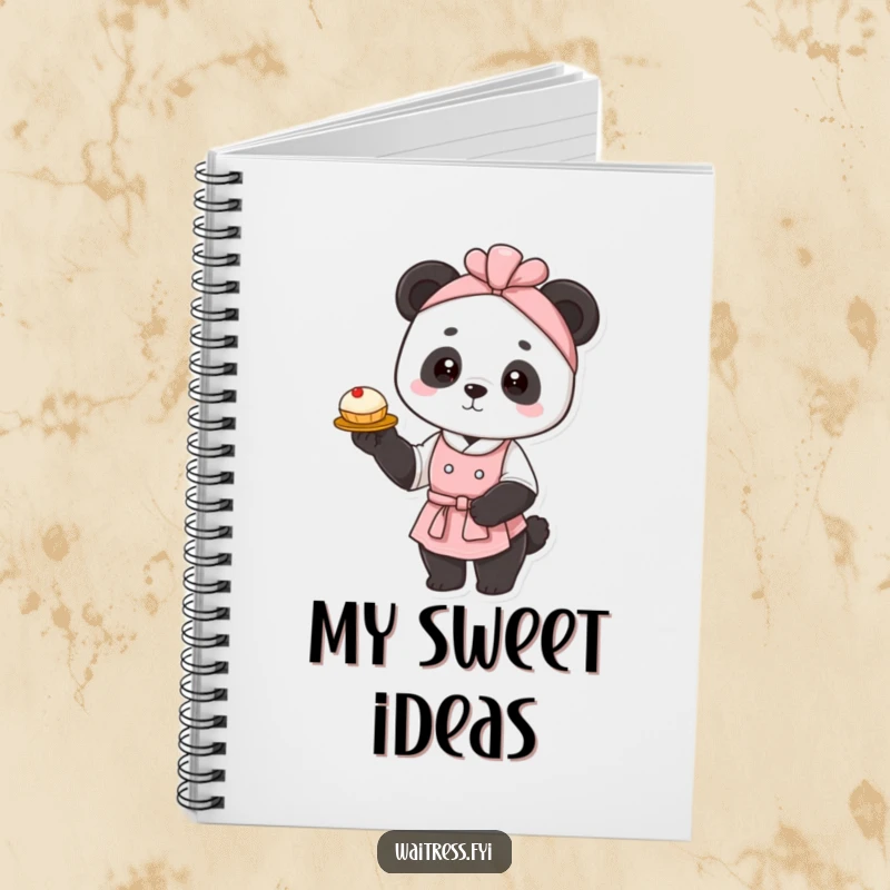 Funny panda waitress notebook with a graceful panda presenting a pastry, perfect for jotting down notes with a touch of class and humor.