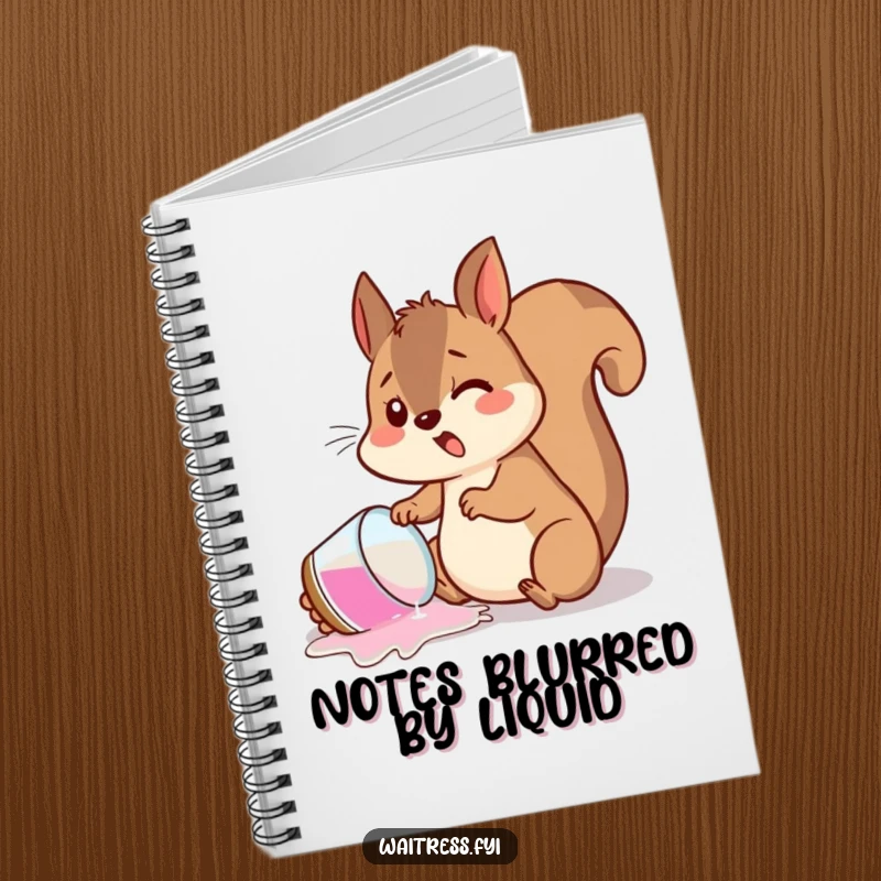 Funny notebook cover with a startled squirrel spilling a drink, inspiring note-taking and creative brainstorming with humor.