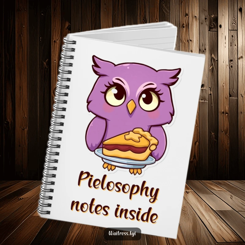 A curious purple owl character serves a delightful pie, inspiring sweet thoughts in this funny notebook.