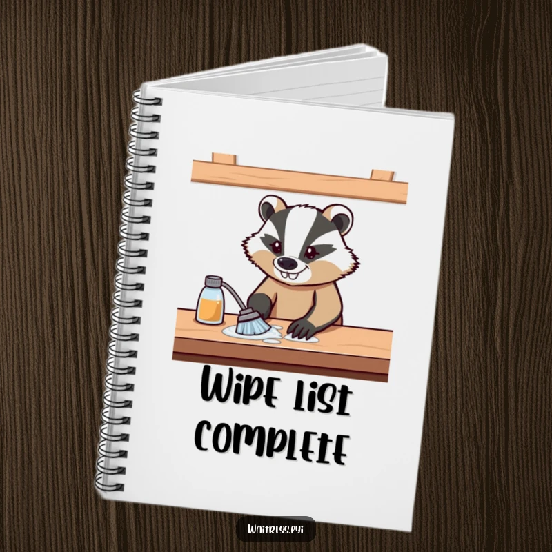Funny notebook with a determined badger wiping a table, ready to jot down goals with a focused, grinning expression.