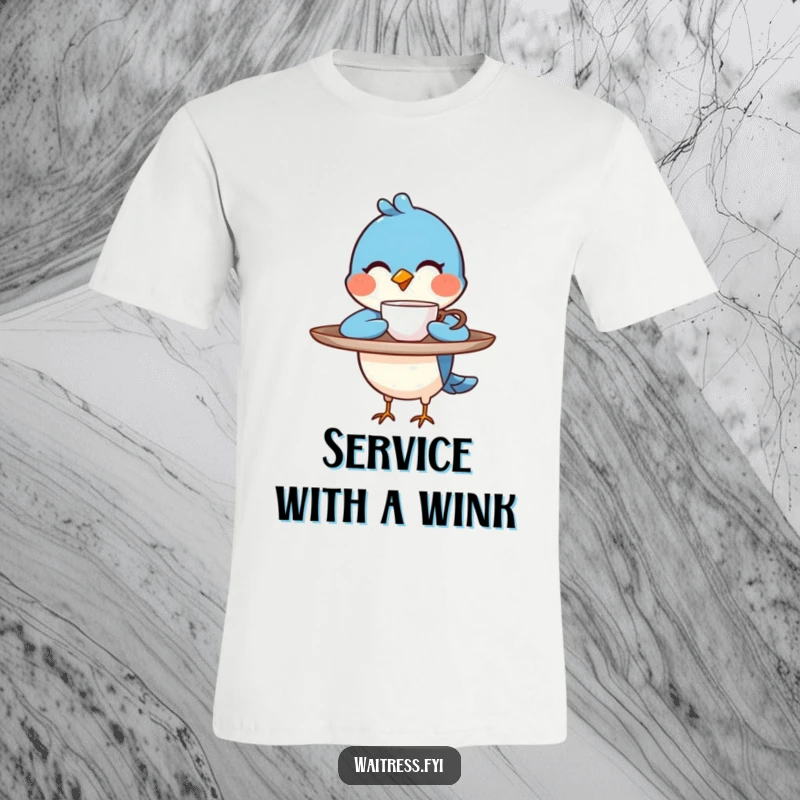 Funny blue bird character balancing a tray, winking as it presents a steaming cup on a t-shirt, a funny gift.