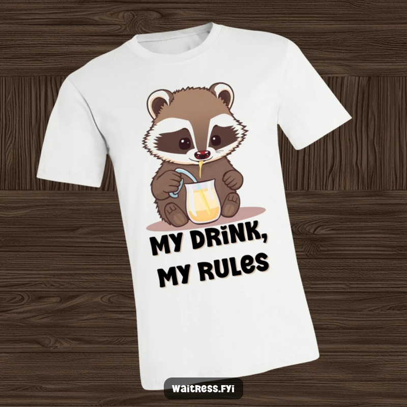 Funny badger t-shirt, a brave badger carefully pouring a drink from a miniature pitcher. A sophisticated animal bartender design.