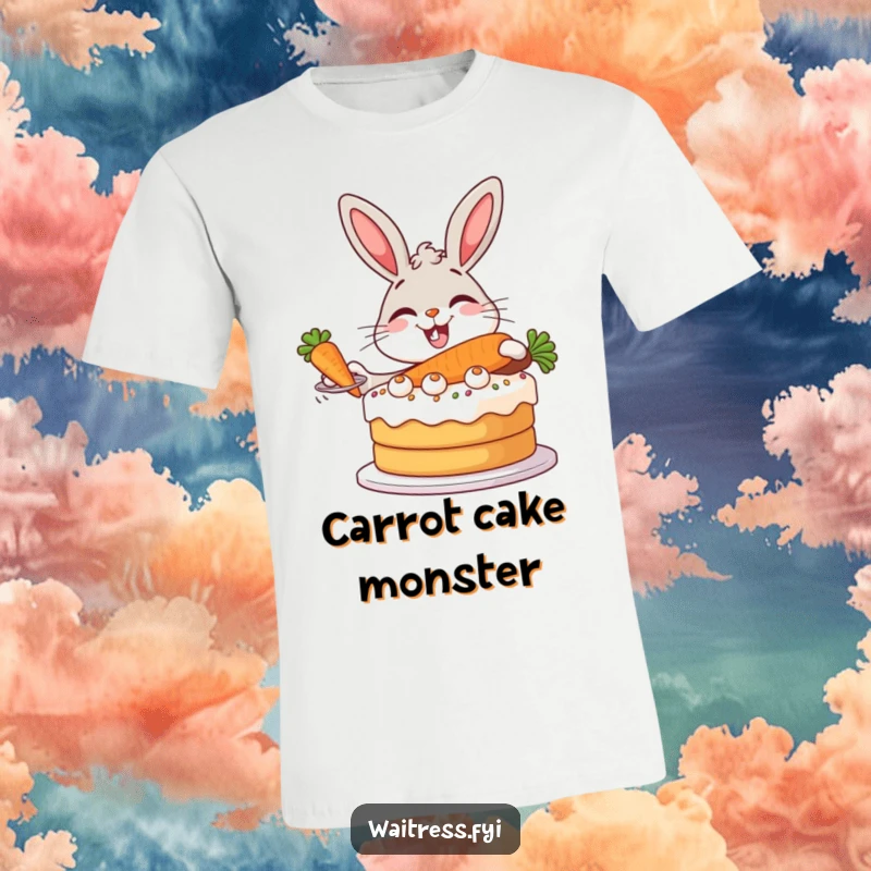 Funny Bunny Baker T-Shirt depicting a giggling bunny, impeccably dressed, presenting a huge carrot cake with grand style.