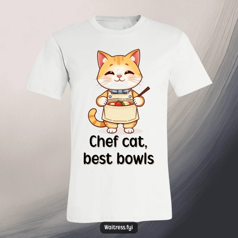 Funny cat chef t-shirt, a proud cat in an apron presenting a steaming bowl of food. A humorous and talented feline.