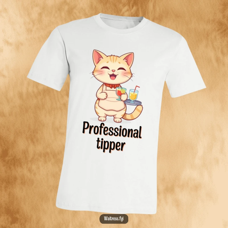Funny Cat Waiter T-Shirt featuring a happy cat in an apron, skillfully balancing a tray of beverages.