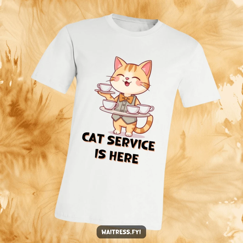 Funny Cat Waiter T-Shirt: A happy cat wearing a bowtie expertly balances a tray full of steaming teacups.