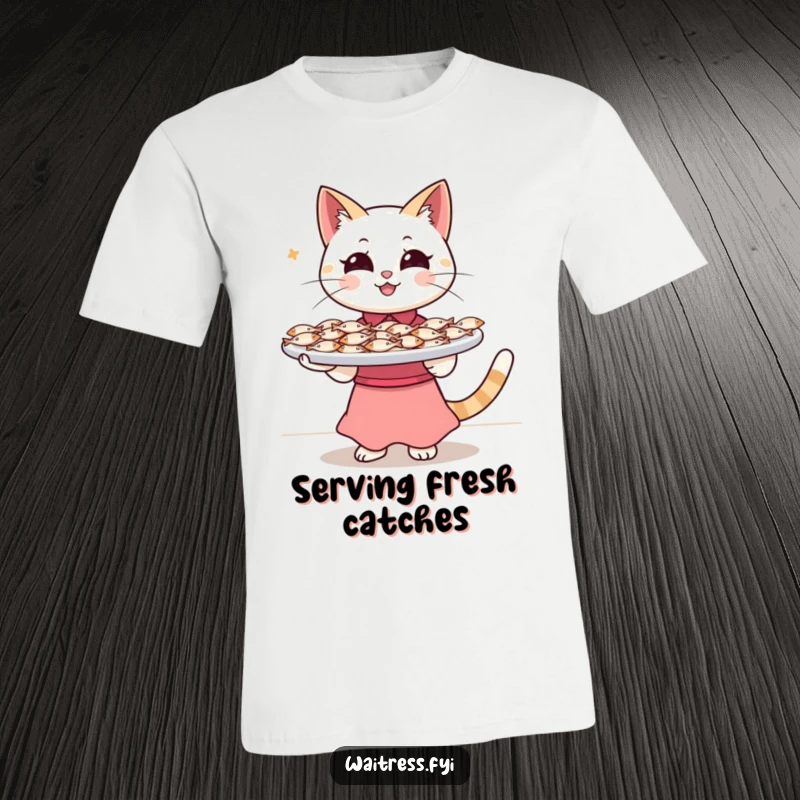 Funny Cat Waitress T-Shirt: A happy cat waitress balances a tray piled high with tiny fish, showcasing dedication and a love for seafood.