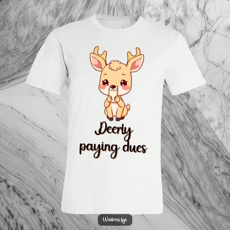 Funny Deer T-Shirt: Blushing deer presenting a bill, symbolizing politeness and gentle service, perfect for a funny gift.