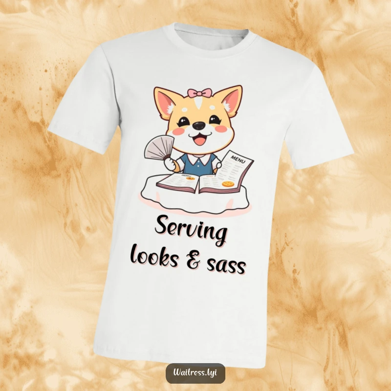 Funny dog waitress t-shirt featuring a bubbly dog actively fanning a large menu, depicting a humorous and lively service moment.