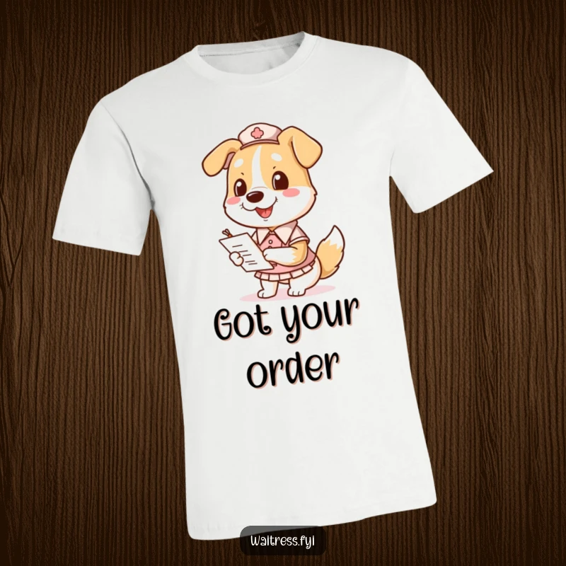 Funny Dog Waitress T-Shirt featuring a happy dog in a waitress uniform, actively taking notes on a pad.