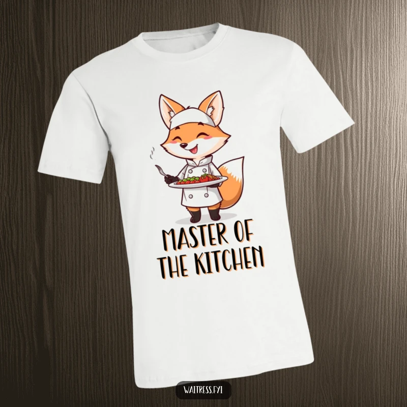 Funny Fox Chef T-Shirt featuring a smiling fox in chef attire presenting a dish with a flourish, perfect for food lovers.