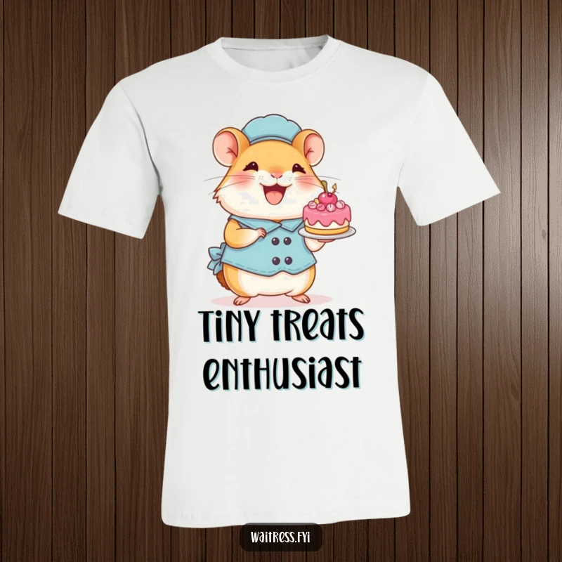 Funny Hamster Waitress T-Shirt: A perky hamster gleefully holds up a tiny decorated cake, radiating joy and playful energy.