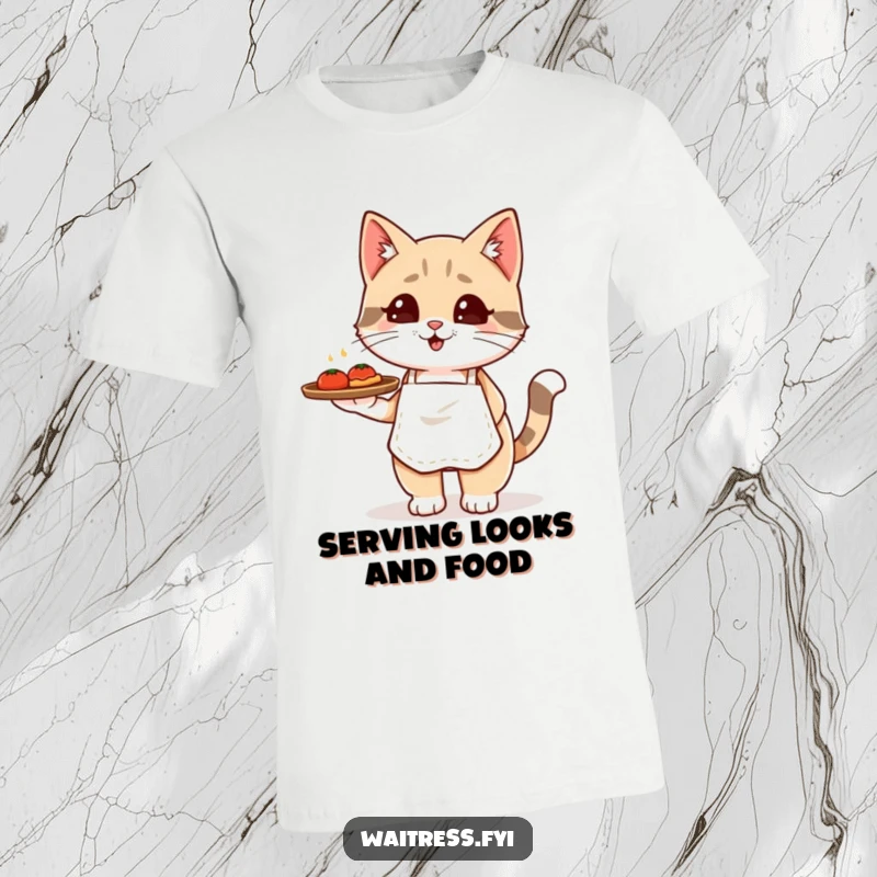 Funny Kawaii cat waiter t-shirt showing a cute cat in an apron carrying a food tray, perfect for laughs.