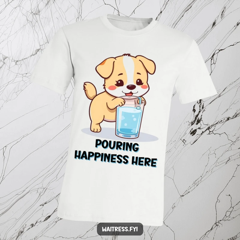 Funny Kawaii Dog Refill T-Shirt: A cute, tail-wagging dog eagerly refilling a water glass, celebrating helpfulness.