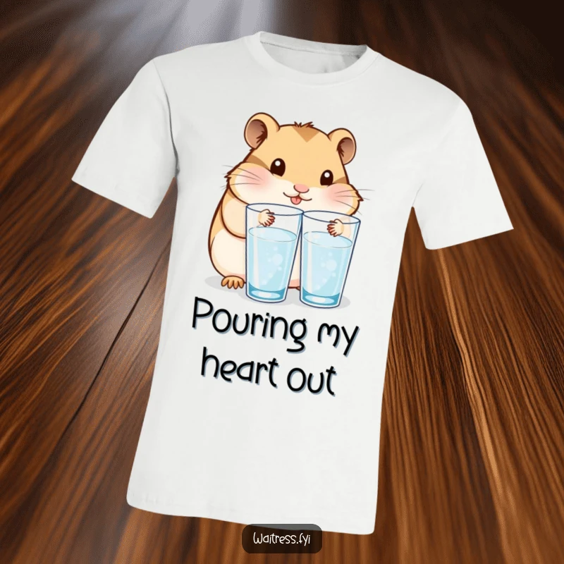 Funny T-shirt with a content Kawaii hamster refilling water glasses, depicting attentive service and gentle care.