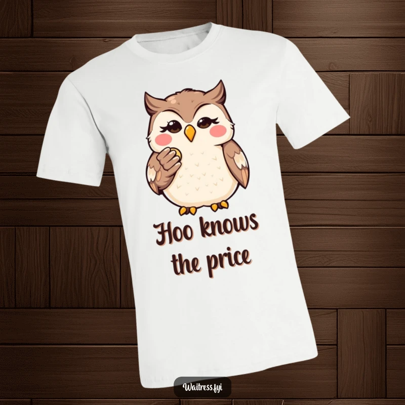 Funny Kawaii Owl Finance T-Shirt: Cute owl presenting a bill with a knowing wink, symbolizing financial wit and humor.