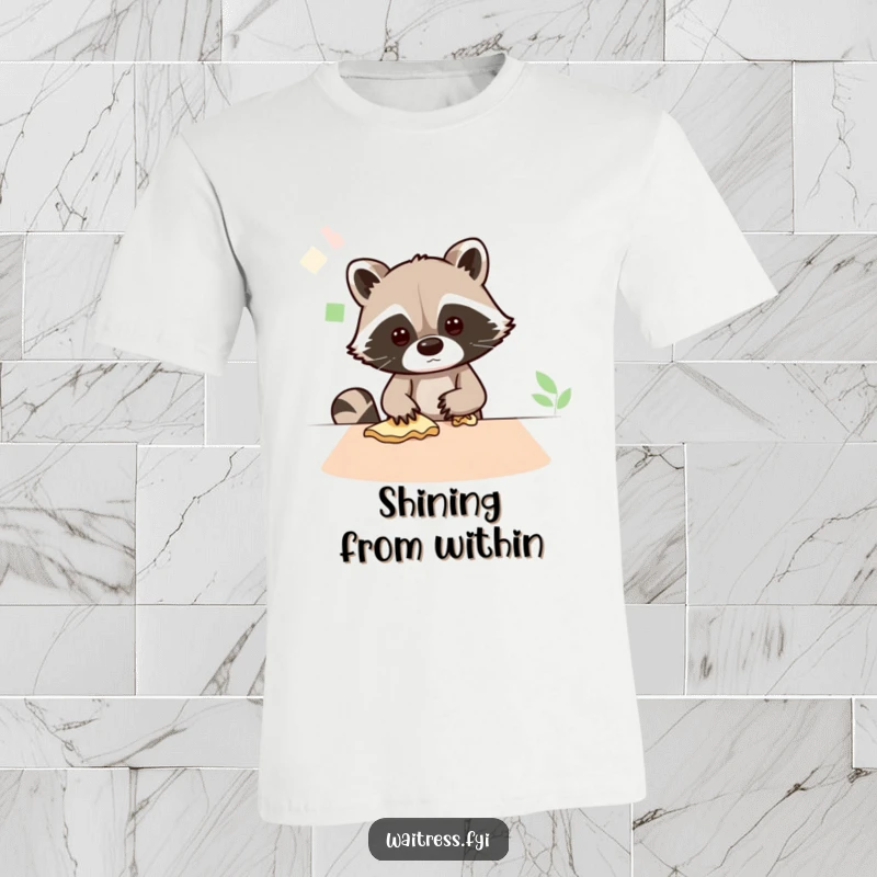 Funny T-shirt with a busy Kawaii raccoon wiping a table, symbolizing dedication to cleanliness and industrious action.