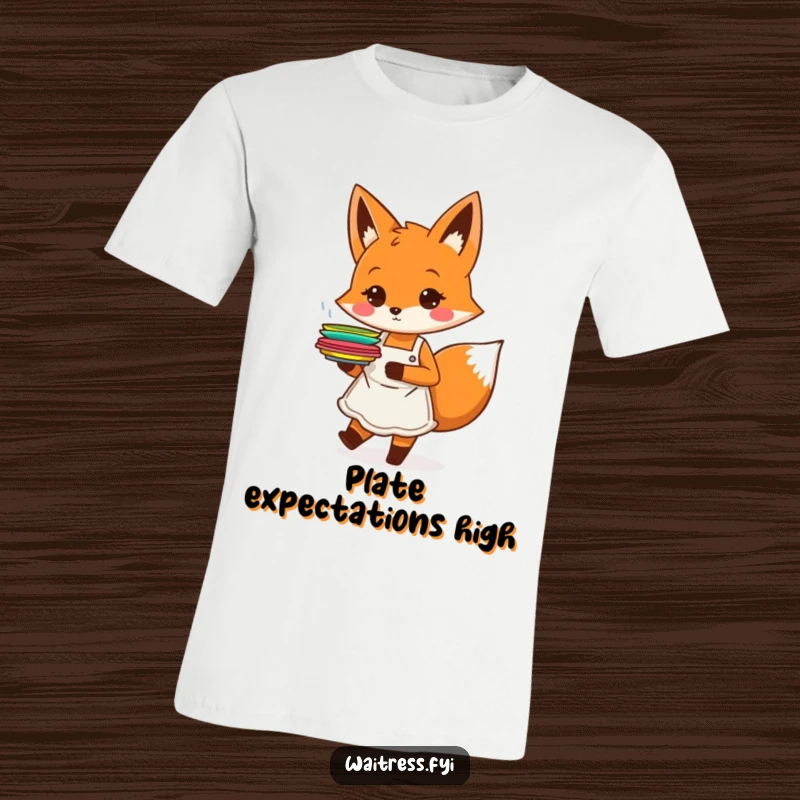 Funny orange fox character with an apron, happily carrying plates, on a t-shirt, a funny food lover gift.