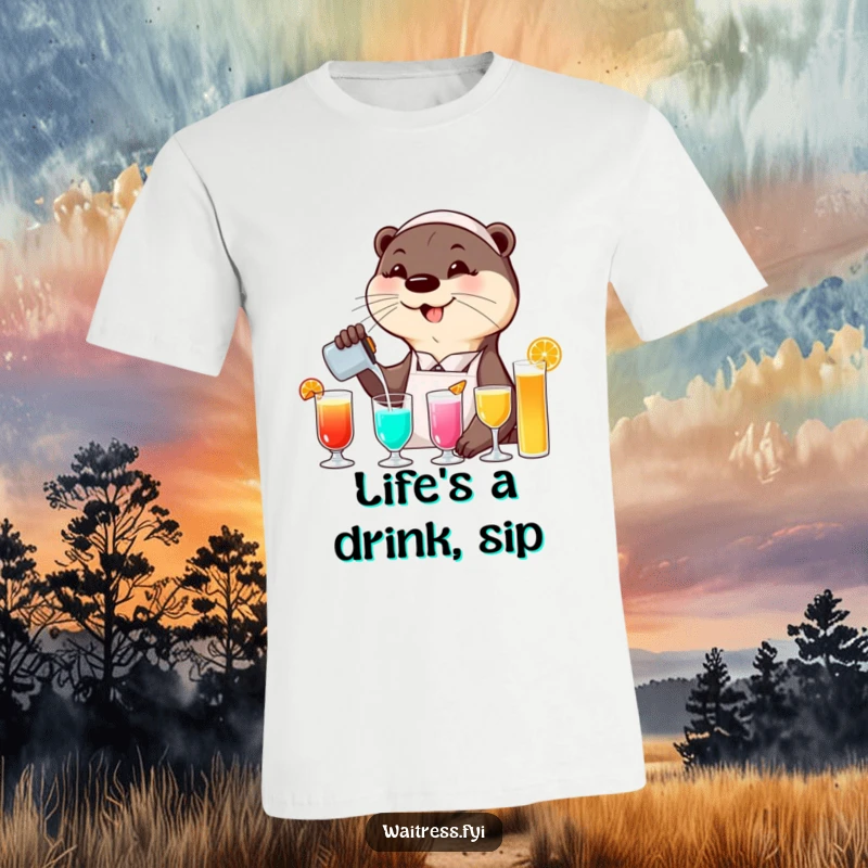 Funny otter waitress t-shirt depicting a smiling otter expertly pouring colorful beverages with a dynamic flourish, embodying playful service.