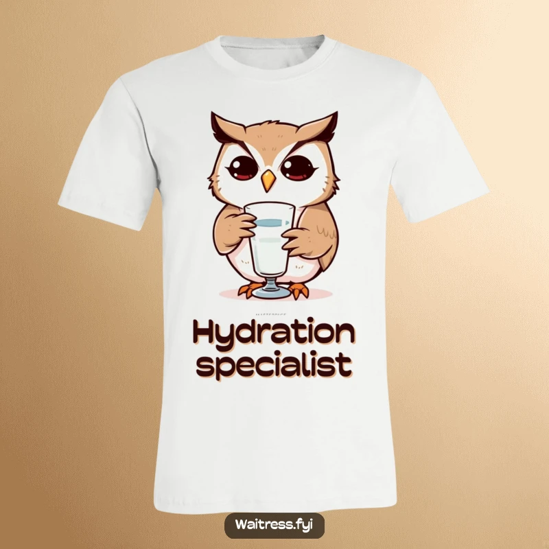 Funny Owl T-Shirt: Determined owl with a glass, symbolizing attentiveness and focus, perfect for a funny gift.